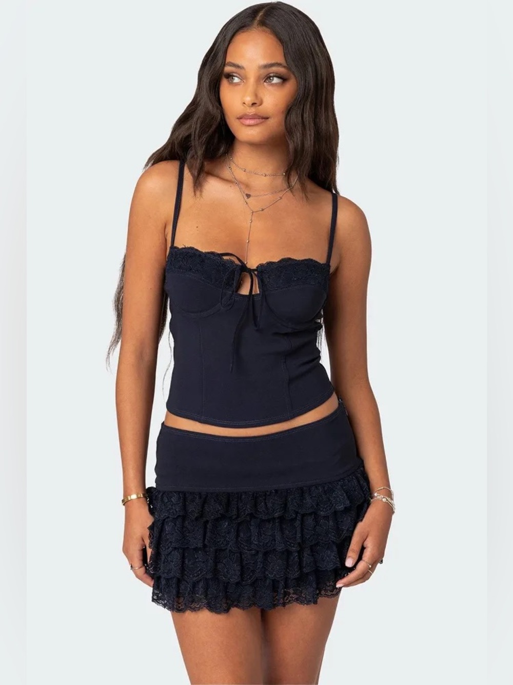 Edikted navy maisie Lacey cupped corset top with ruffled hem #corset #lace